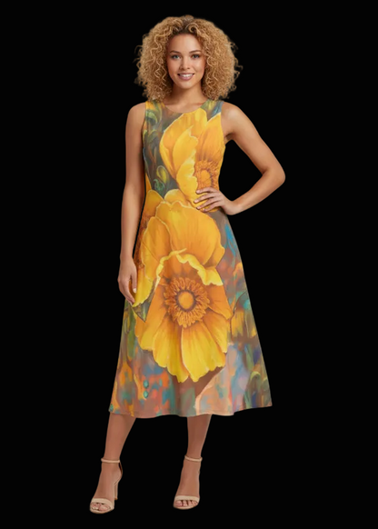 “Golden Cascade” Women's Sleeveless Dress With Diagonal Pocket