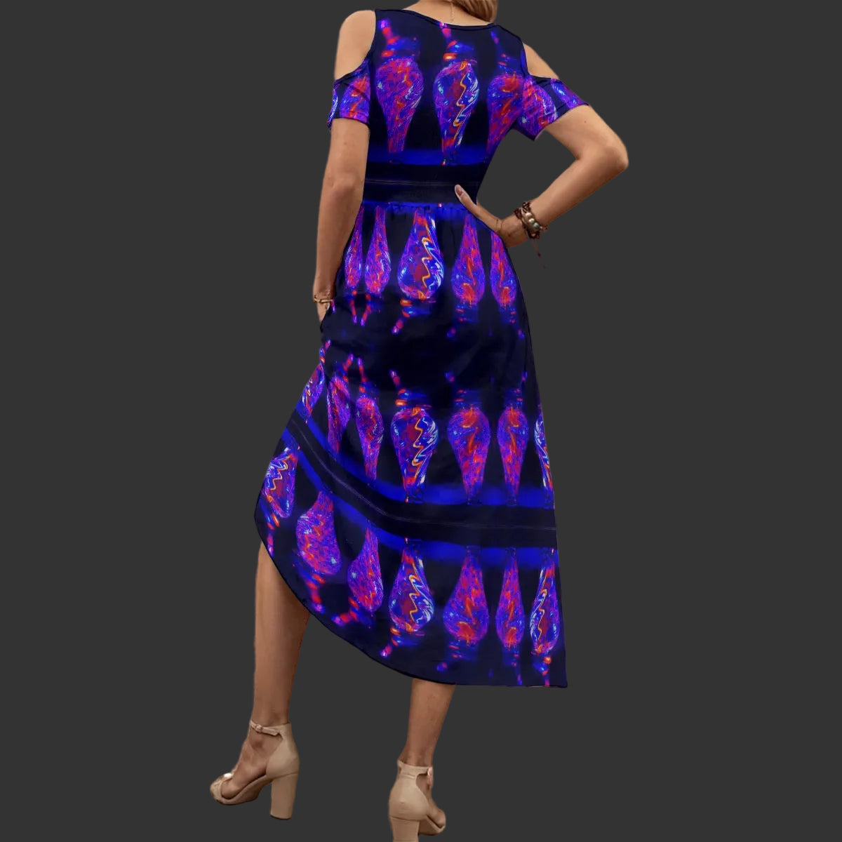 “Chromatic Resonance” Women's V-neck Off-shoulder Dress