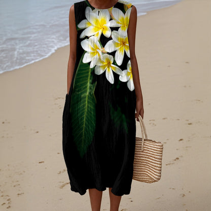 “Frangipani Black” Women's Sleeveless Dress|125GSM Slub Cotton