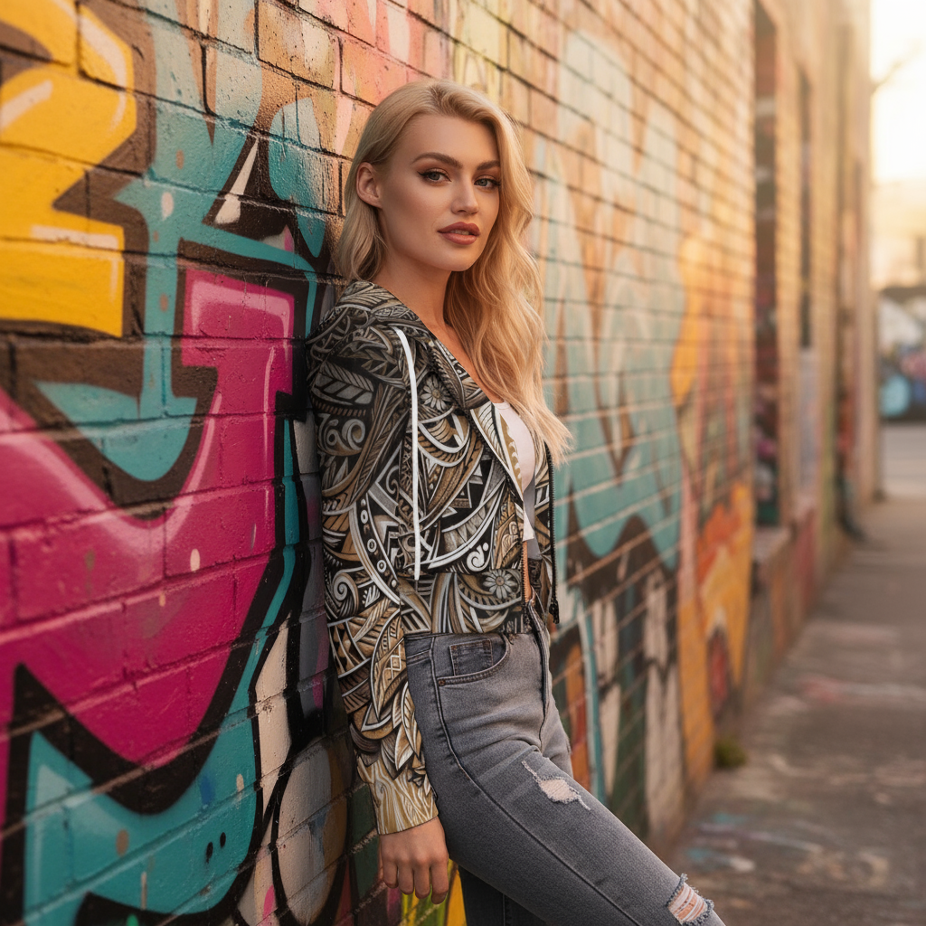 “Earthen Echoes” Crop Top Hoodie With Zipper Closure