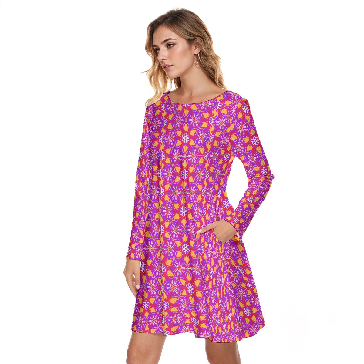 “Fuchsia Fiesta” Women's Round Neck Dress|190GSM Cotton