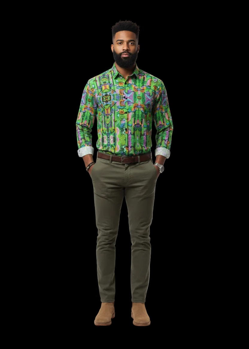 “Labyrinth” Green:  Men's Slim Fit Long Sleeve Shirt