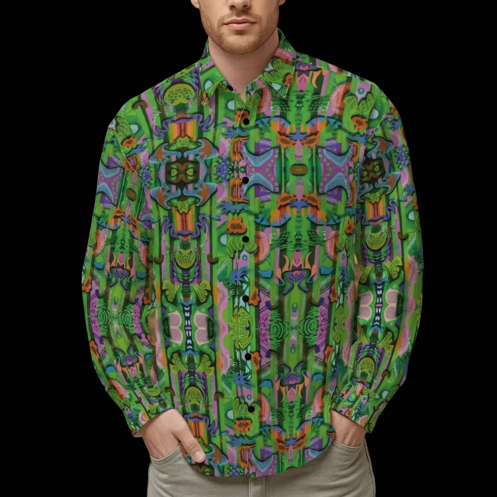 “Labyrinth” Green:  Men's Slim Fit Long Sleeve Shirt