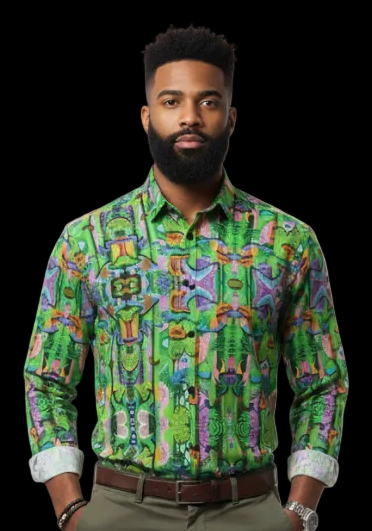 “Labyrinth” Green:  Men's Slim Fit Long Sleeve Shirt