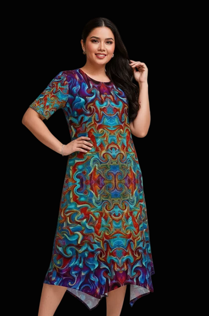 “Aurora Flare” Women's Short Sleeve Belted Midi Dress