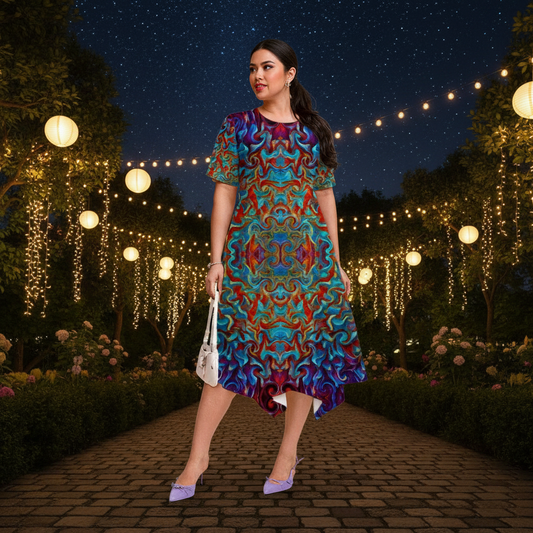 “Aurora Flare” Women's Short Sleeve Belted Midi Dress