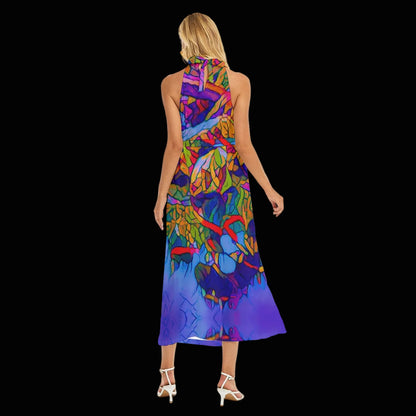 “Cerulean Spectrum” Women's Wrap Hem Belted Halter Dress