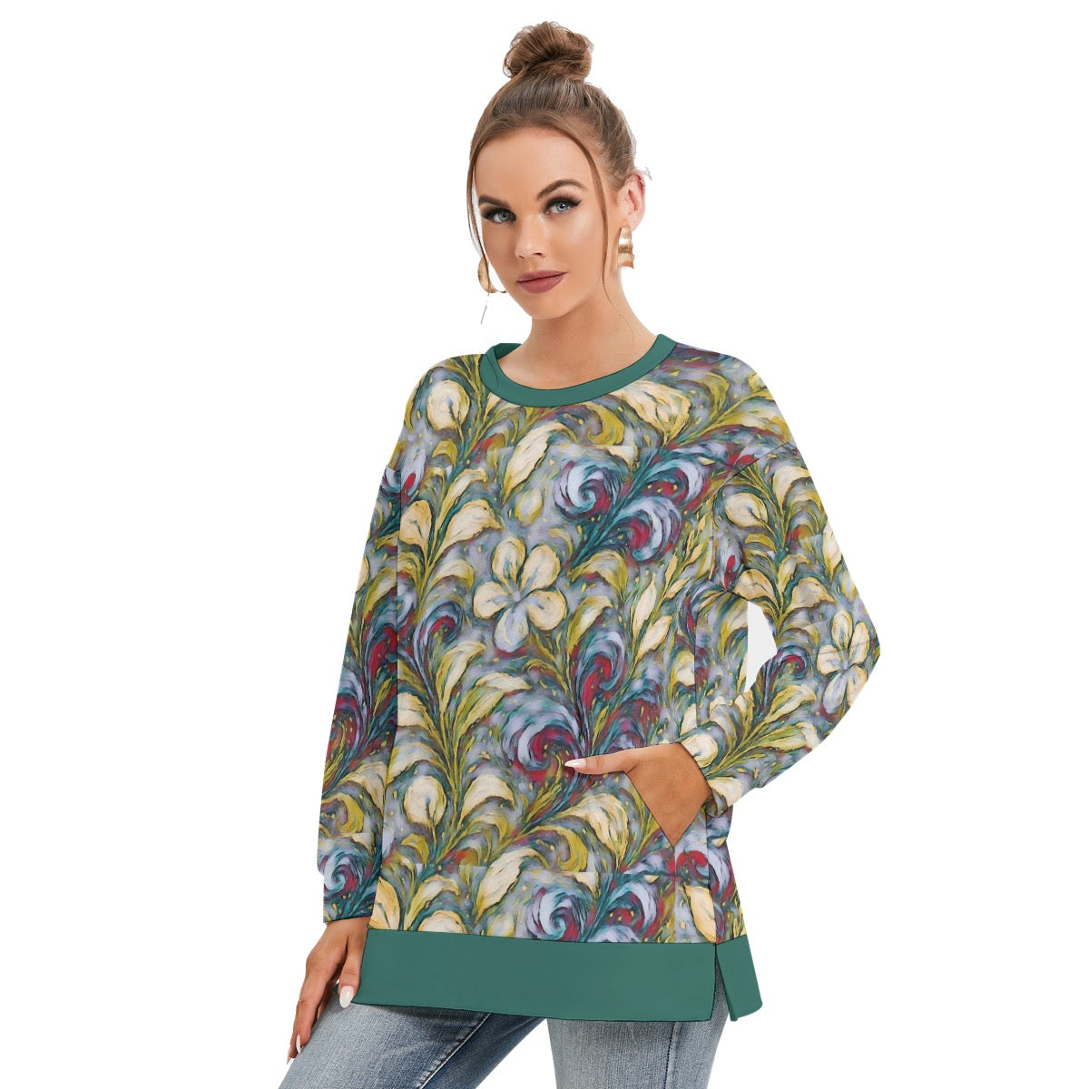 “Whispers of Spring” Women's Side Split O-neck Sweatshirt