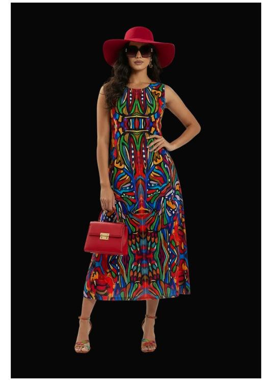 “Crimson Bloom” Women's Sleeveless Dress With Pocket|125GSM Slub Cotton