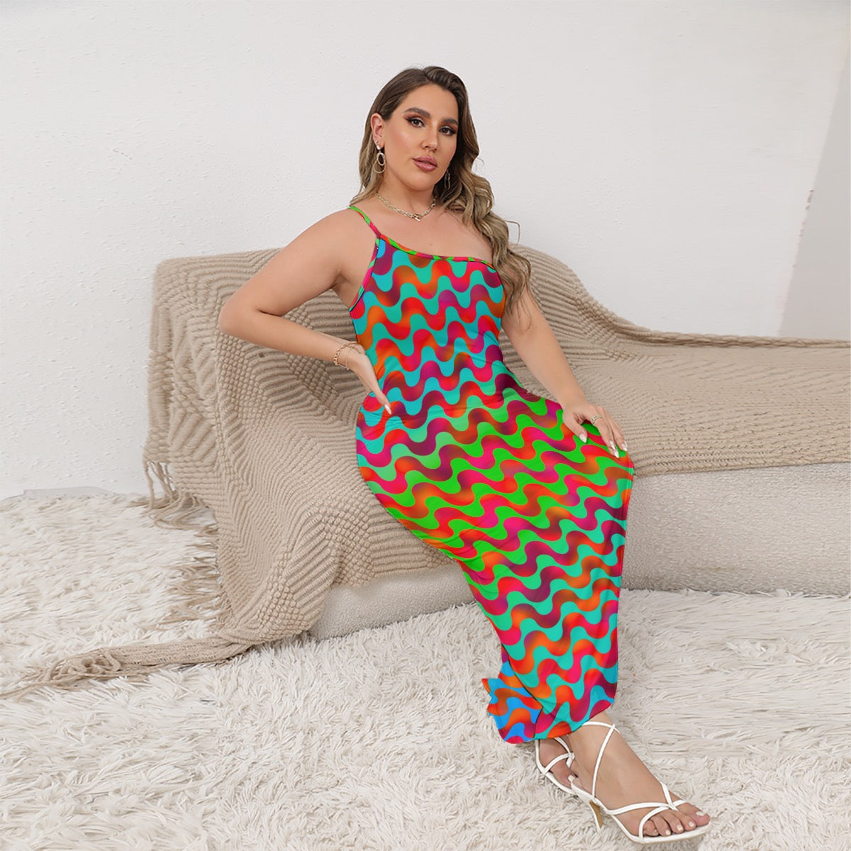 “Psychedelic Siren” Women's Oblique-Shoulder Exposure Dress With Side Split (Plus Size)