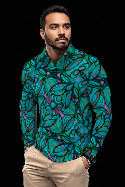 “Teal Labyrinth” Men's Polo Shirt With Long Sleeve