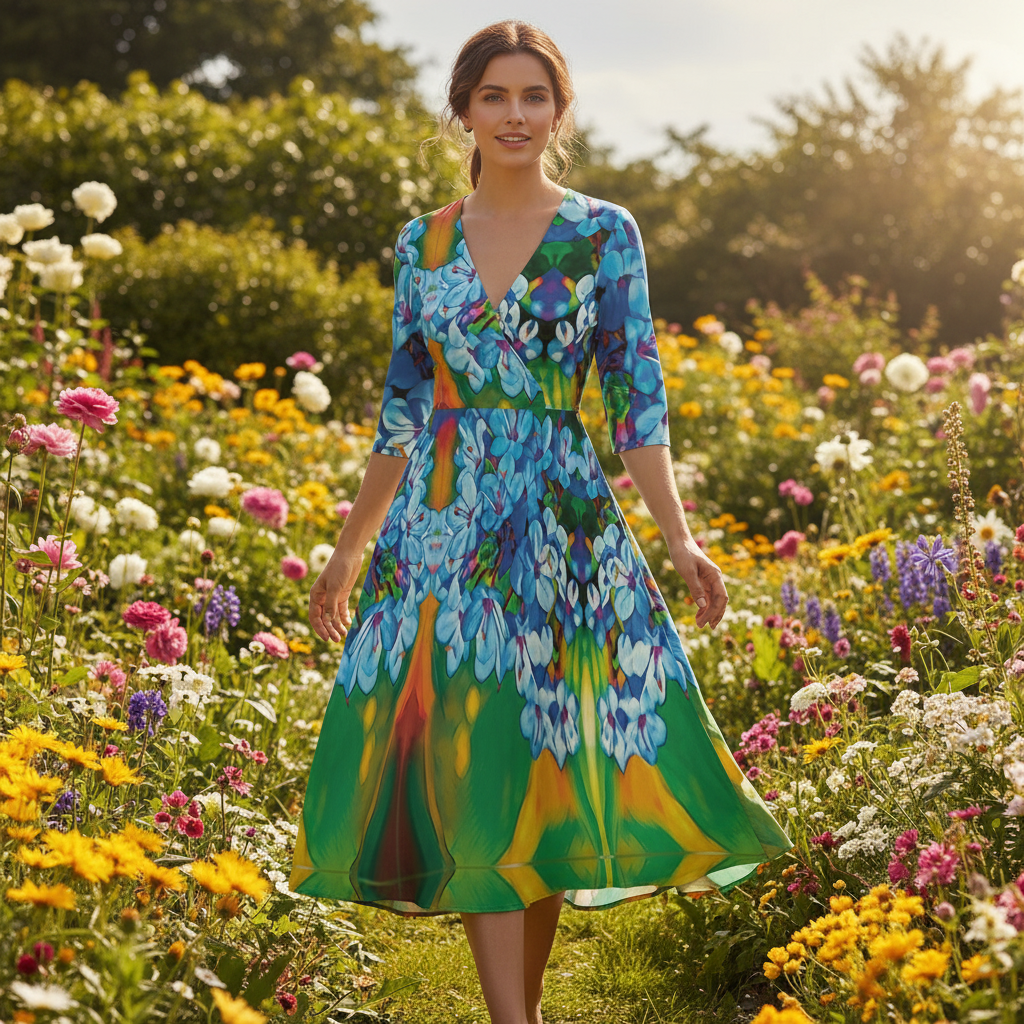 “Blue India Hawthorn” Women's Knee-Length V-Neck Dress