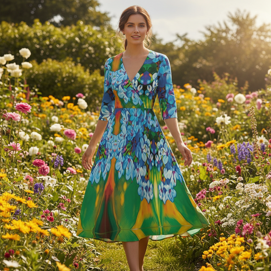 “Blue India Hawthorn” Women's Knee-Length V-Neck Dress