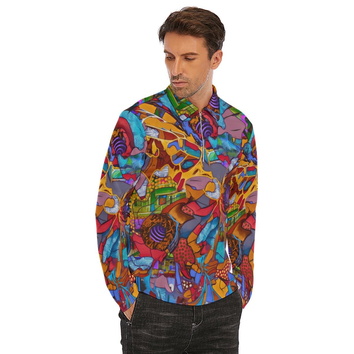 “Fractured Dreamscape”  Men's Lapel T-shirt With Neckline Zipper Closure