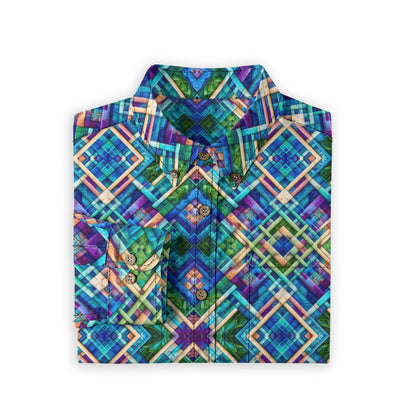 “Ocean Plaid” Men's Casual Lapel Long Sleeve Shirt|125GSM Cotton