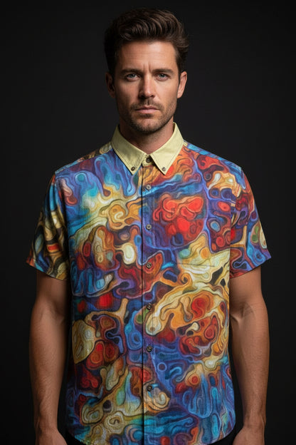 “Marbled Tides II” Men's Breathable Cotton Shirt|125GSM
