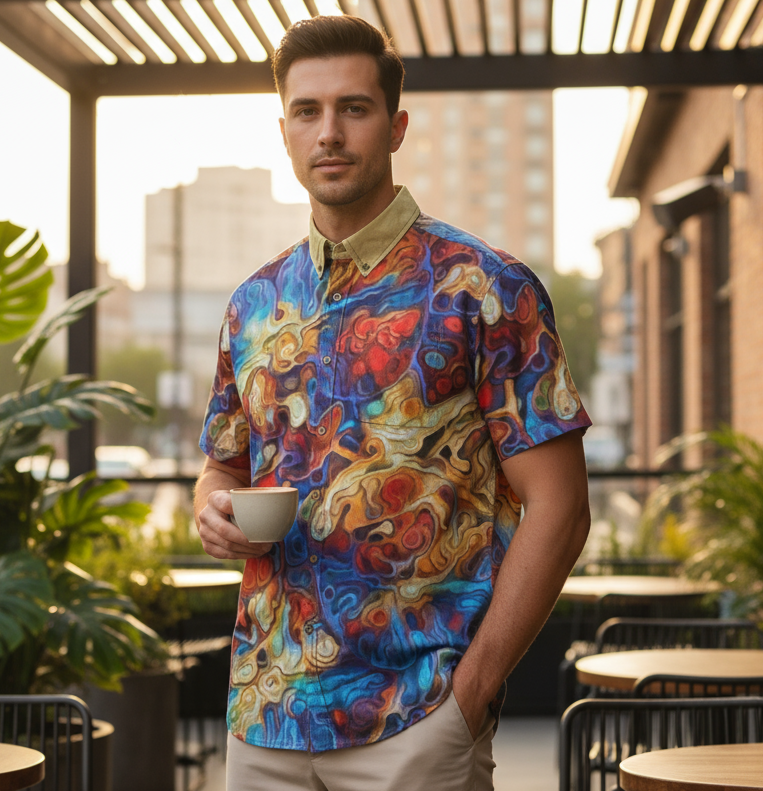 “Marbled Tide II” Men's Breathable Cotton Shirt|125GSM
