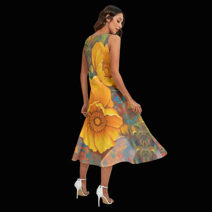 “Golden Cascade” Women's Sleeveless Dress With Diagonal Pocket