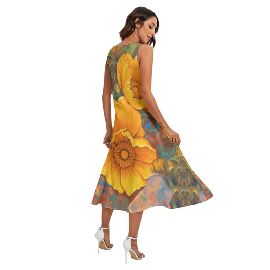 “Golden Cascade” Women's Sleeveless Dress With Diagonal Pocket