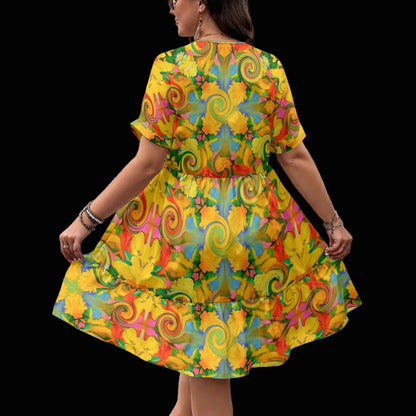 “Citrus Twist” Women’s Floral V-Neck Short Sleeve Dress