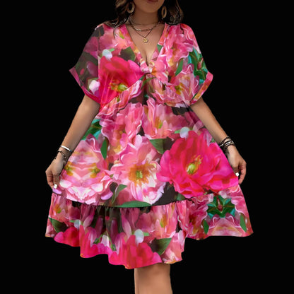 “Summer Blush” Women’s Floral V-Neck Short Sleeve Dress