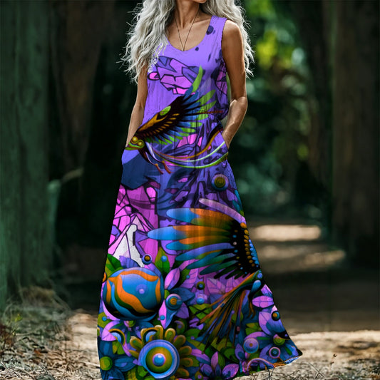 “Purple Garden of Unseemly Delights” Women’s Sleeveless Maxi Dress