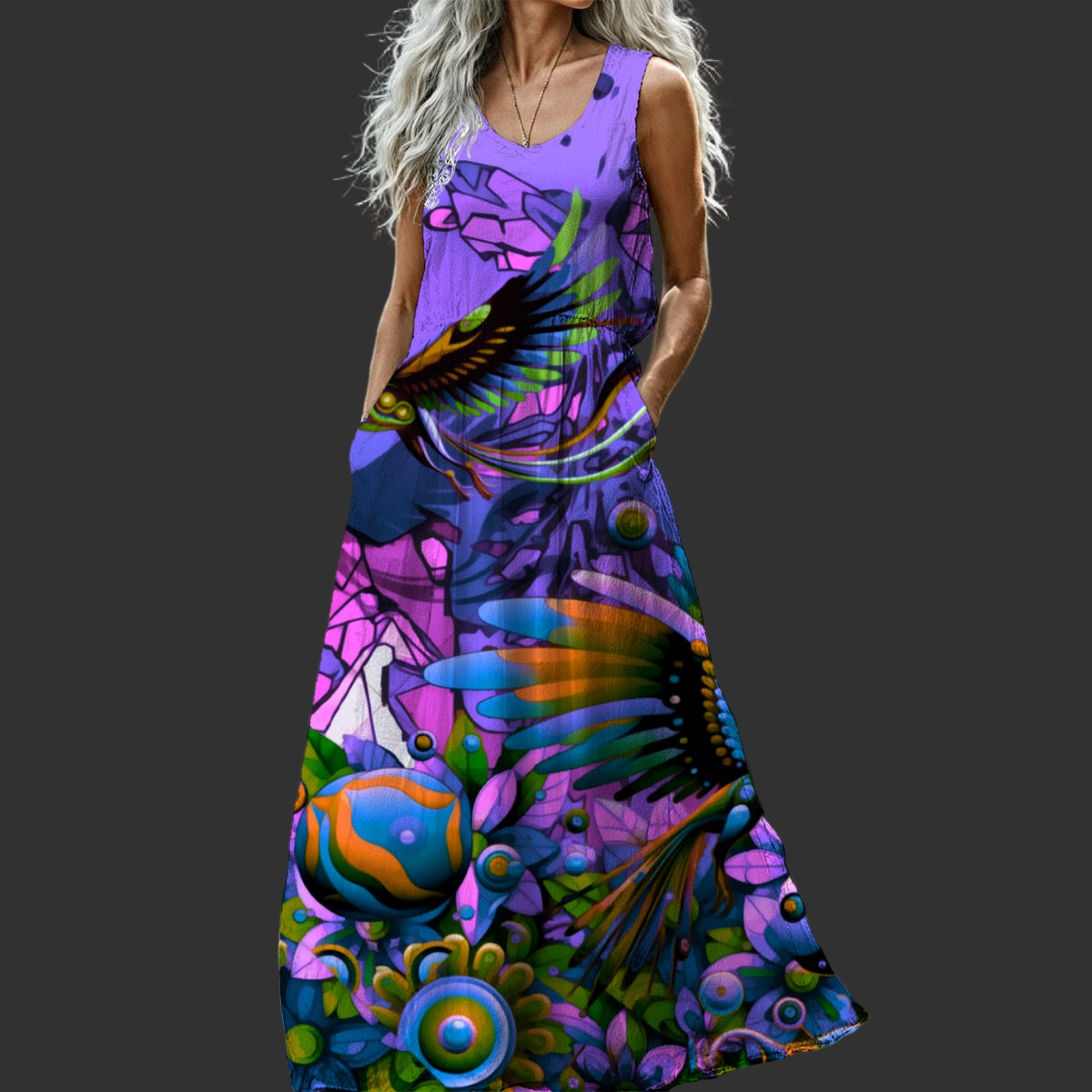 “Purple Garden of Unseemly Delights” Women’s Sleeveless Maxi Dress