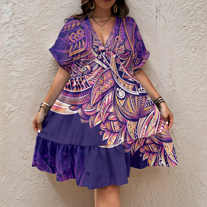 “Purple Pacifica” Women’s Floral V-Neck Short Sleeve Dress