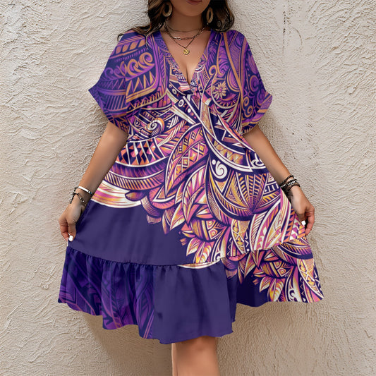 “Purple Pacifica” Women’s Floral V-Neck Short Sleeve Dress