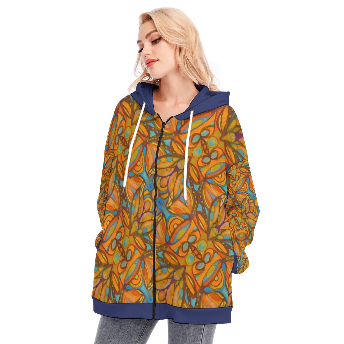 “Bloomfield Ochres” Women's Long Hoodie With Zipper Closure