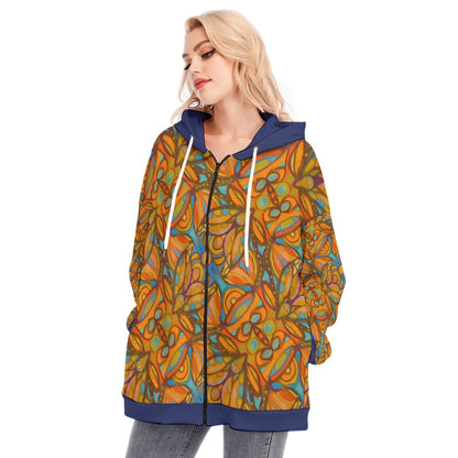 “Bloomfield Ochres” Women's Long Hoodie With Zipper Closure