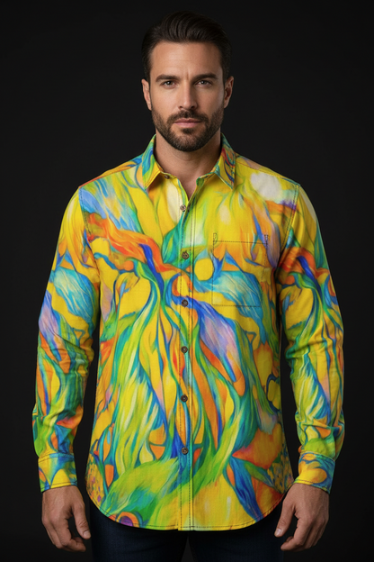 “Iridescence” Men's Casual Lapel Long Sleeve Shirt|125GSM Cotton