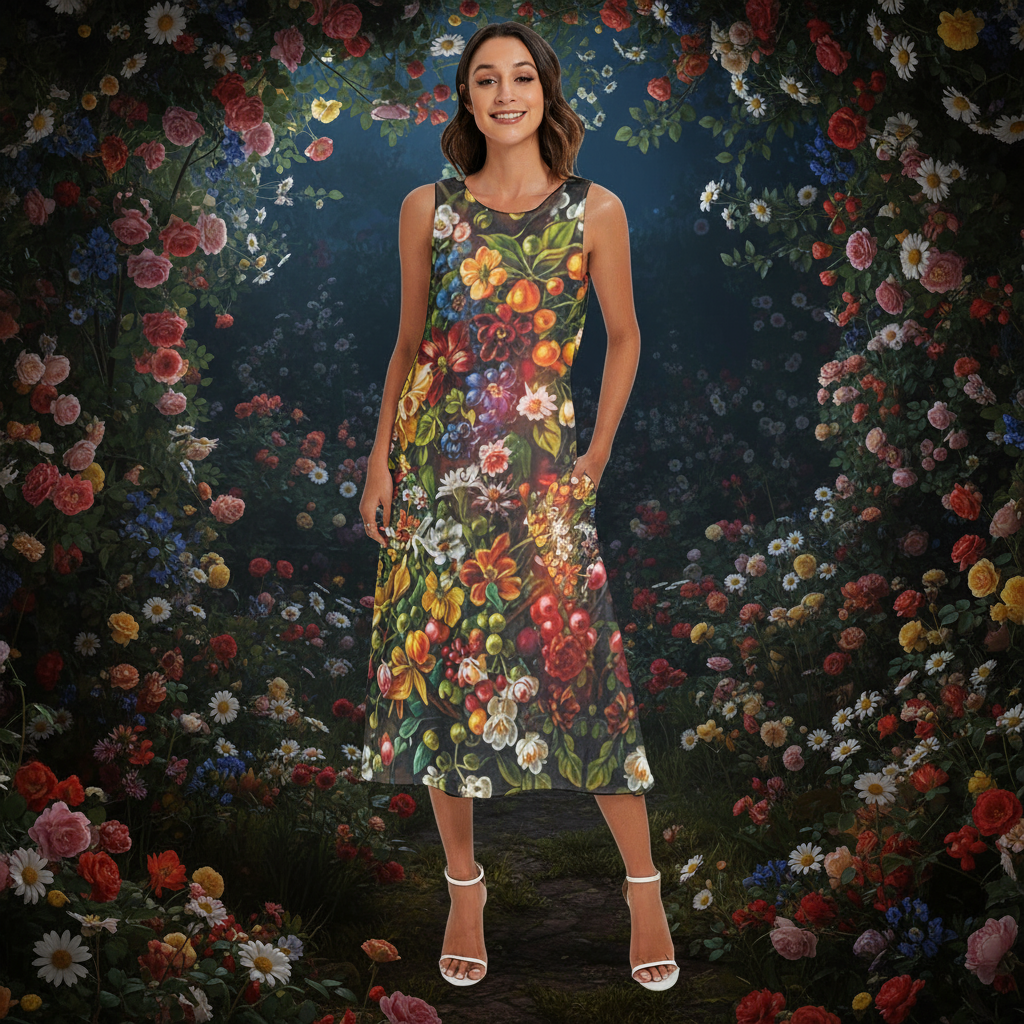 “Midnight Garden” Women's Sleeveless Dress With Diagonal Pocket