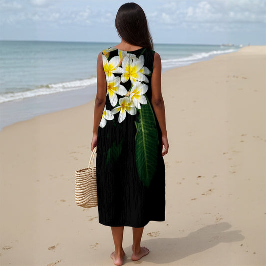 “Frangipani Black” Women's Sleeveless Dress|125GSM Slub Cotton