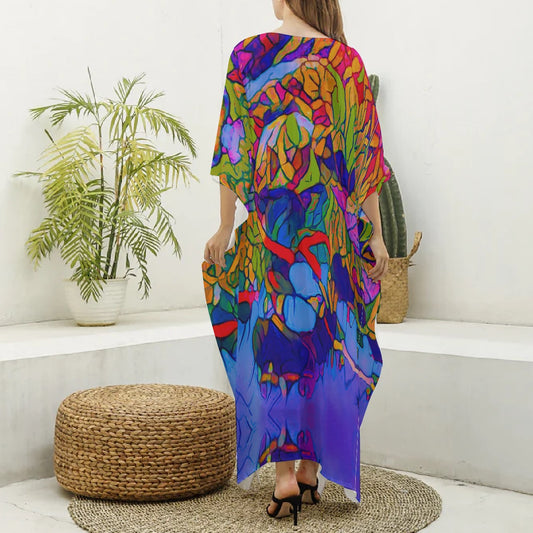 “Cerulean Spectrum” Women's Imitation Silk V-neck Kaftan Robe