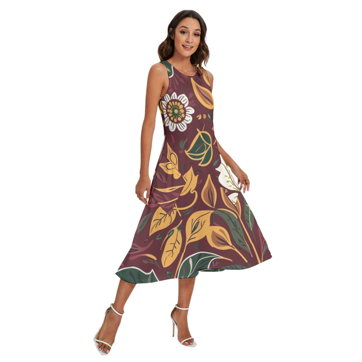 “Burgundy Botanical”  Women's Sleeveless Dress With Diagonal Pocket