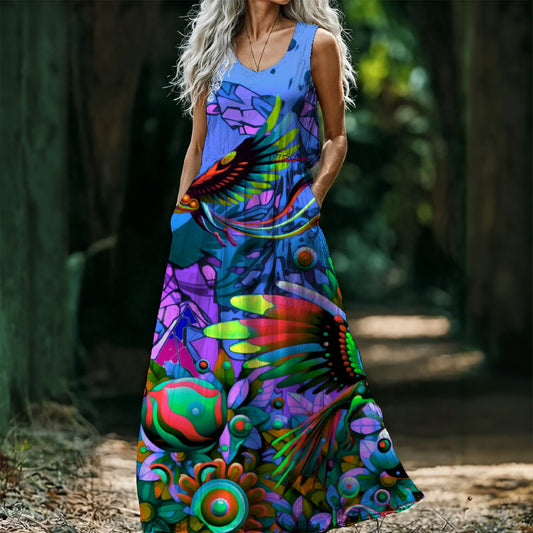 “Blue Garden of Unseemly Delights” Women’s Sleeveless Maxi Dress