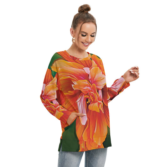 “Peach Hibiscus” Women's Side Split O-neck Sweatshirt