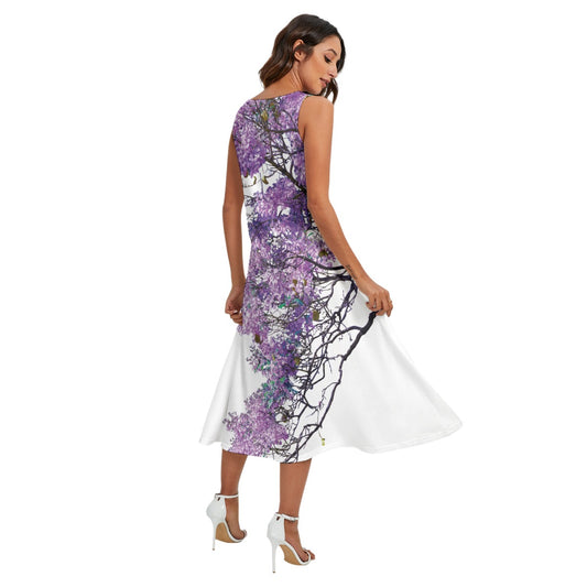 “Jacaranda Season” (White) Women's Sleeveless Dress With Diagonal Pocket
