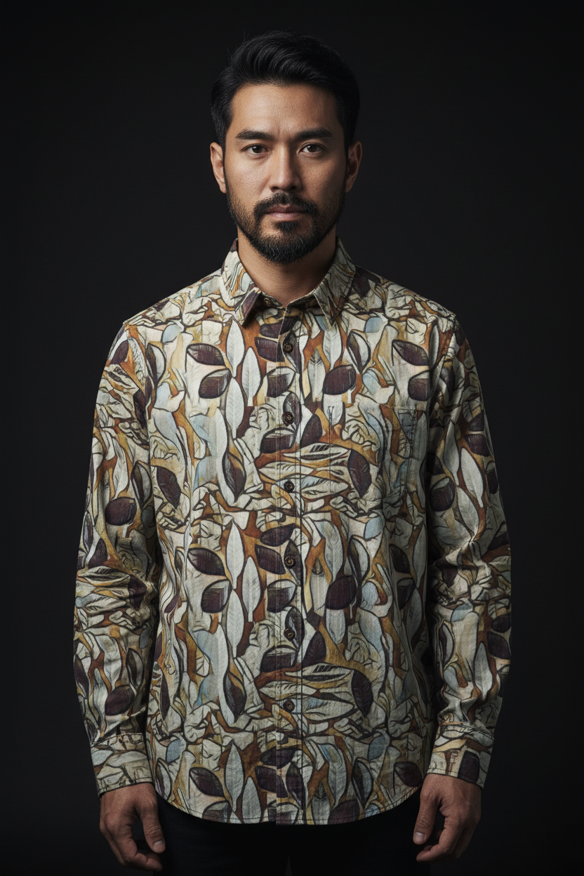“Fragmented Foliage” Men's Casual Lapel Long Sleeve Shirt|125GSM Cotton