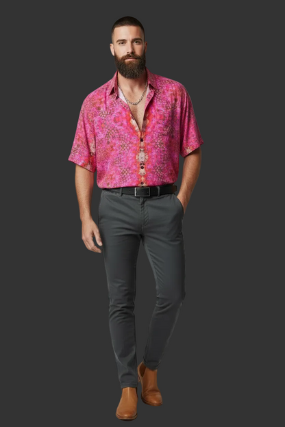 “Pink Punch”  Men's Stand Collar Shirt|115GSM Cotton poplin