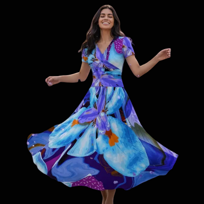 “The Blue Dietes” Short Sleeve V Neck Midi Dress