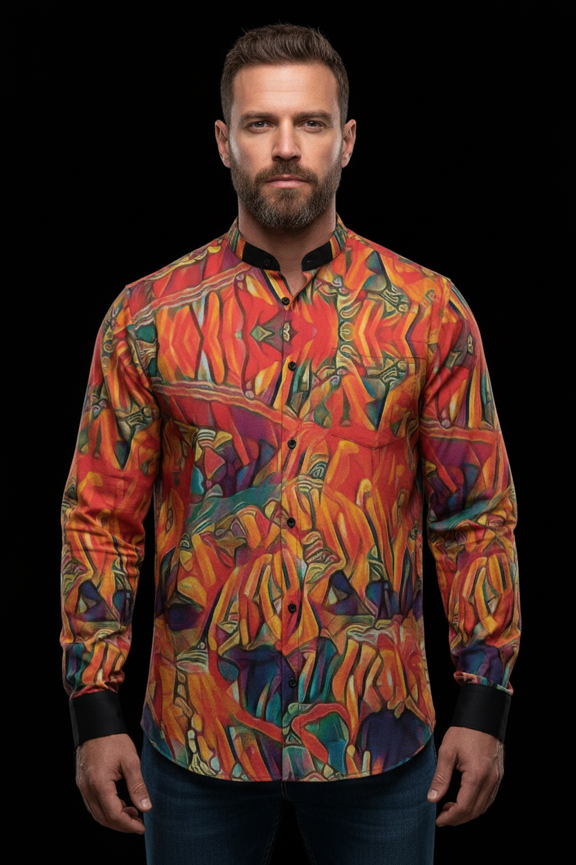 “Chromatic Fusion” Men'S Business Long-Sleeved Imitation Linen Shirt