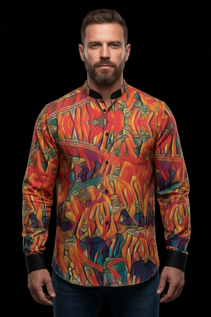“Chromatic Fusion” Men'S Business Long-Sleeved Imitation Linen Shirt