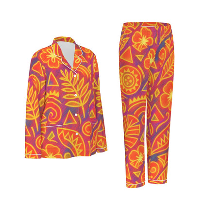“Island Echoes” Women's Long Sleeve Pajama Set With White Contrast Piping