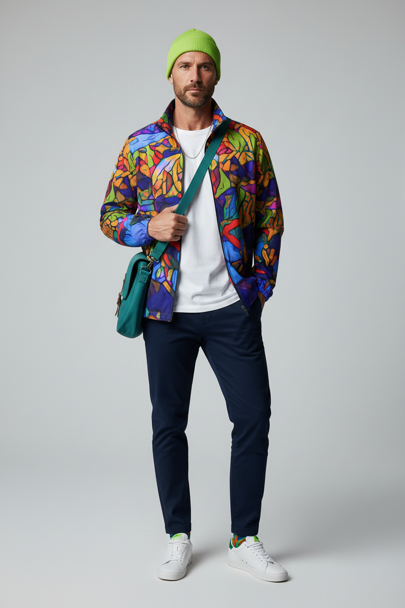 “Cerulean Spectrum” Men's Stand-up Collar Zip-up Windproof Jacket