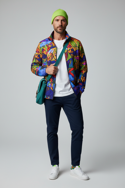 “Cerulean Spectrum” Men's Stand-up Collar Zip-up Windproof Jacket