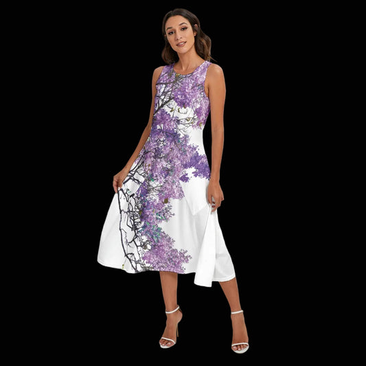“Jacaranda Season” (White) Women's Sleeveless Dress With Diagonal Pocket