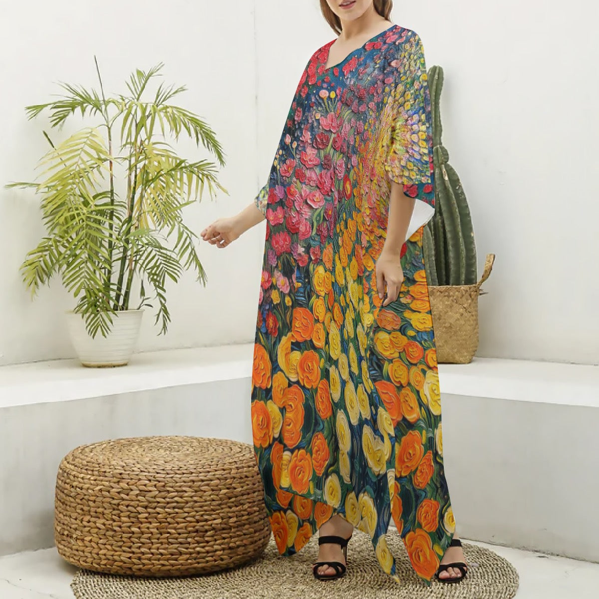 “Floriana” Women's Imitation Silk V-neck Kaftan Robe