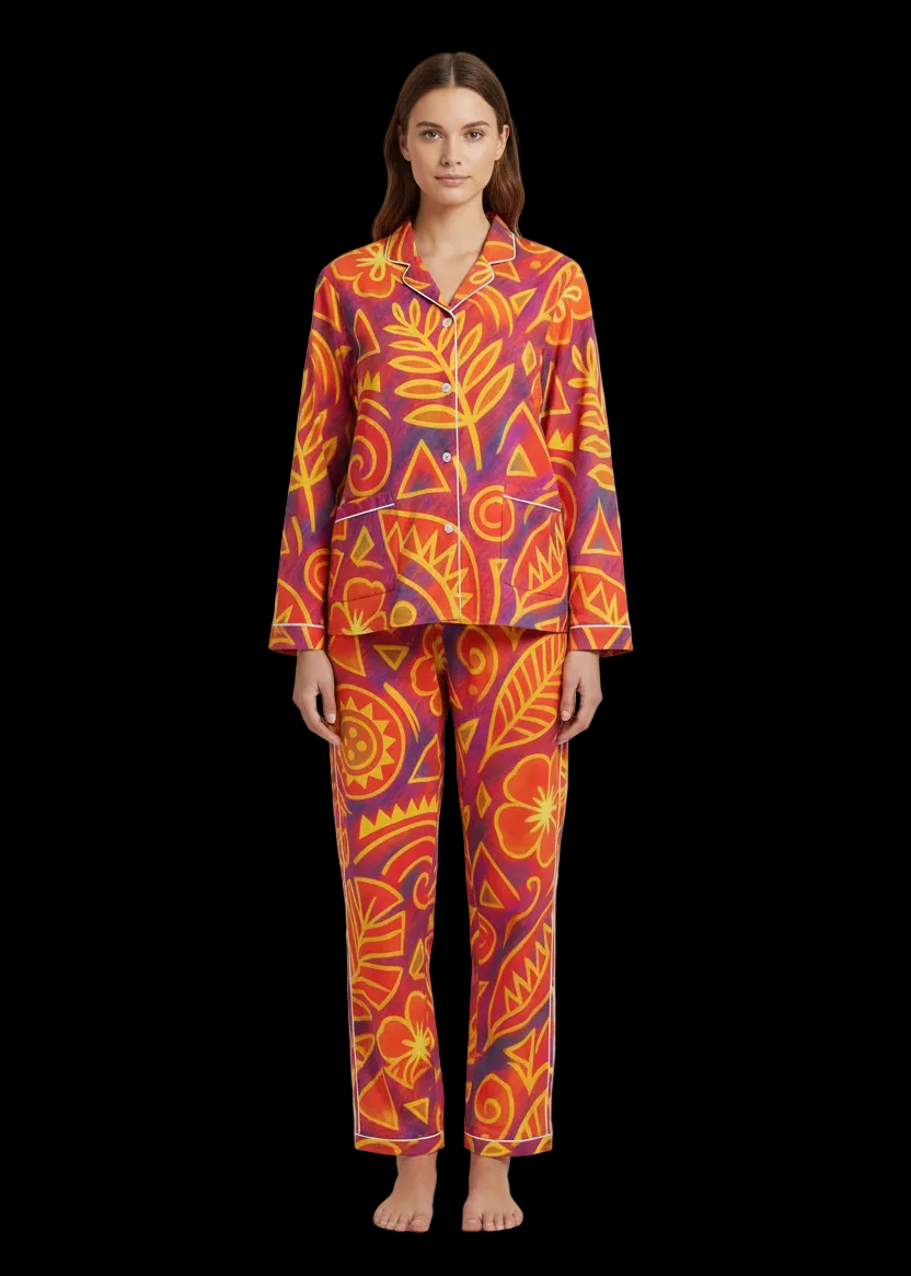 “Island Echoes” Women's Long Sleeve Pajama Set With White Contrast Piping